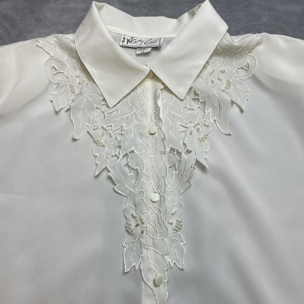 Vintage Kathy Che Blouse Womens 16 White Beaded Floral Victorian 80s 90s‎ USA